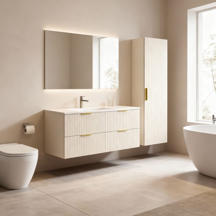 Ensemble de salle de bains NOXERA 120 cm – Marron congo – Plan pour vasque + 4 tiroirs + colonne suspendue