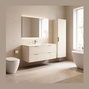 Ensemble de salle de bains NOXERA 120 cm – Marron congo – Plan vasque + 4 tiroirs + colonne suspendue