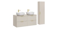Ensemble de salle de bains NOXERA 120 cm – Marron congo – Double vasque + 4 tiroirs + colonne suspendue
