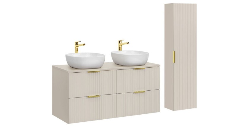 Ensemble de salle de bains NOXERA 120 cm – Marron congo – Double vasque + 4 tiroirs + colonne suspendue