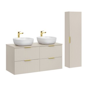 Ensemble de salle de bains NOXERA 120 cm – Marron congo – Double vasque + 4 tiroirs + colonne suspendue