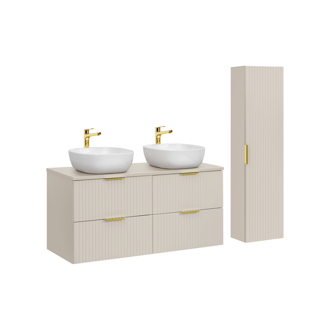 Ensemble de salle de bains NOXERA 120 cm – Marron congo – Double vasque + 4 tiroirs + colonne suspendue