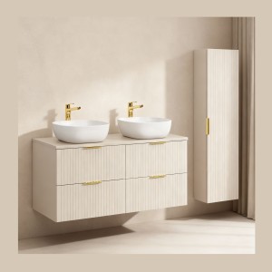 Ensemble de salle de bains NOXERA 120 cm – Marron congo – Double vasque + 4 tiroirs + colonne suspendue