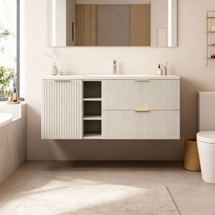 Ensemble de salle de bains NOXERA 140 cm – Marron congo – plan pour vasque + 4 tiroirs + 2 niches
