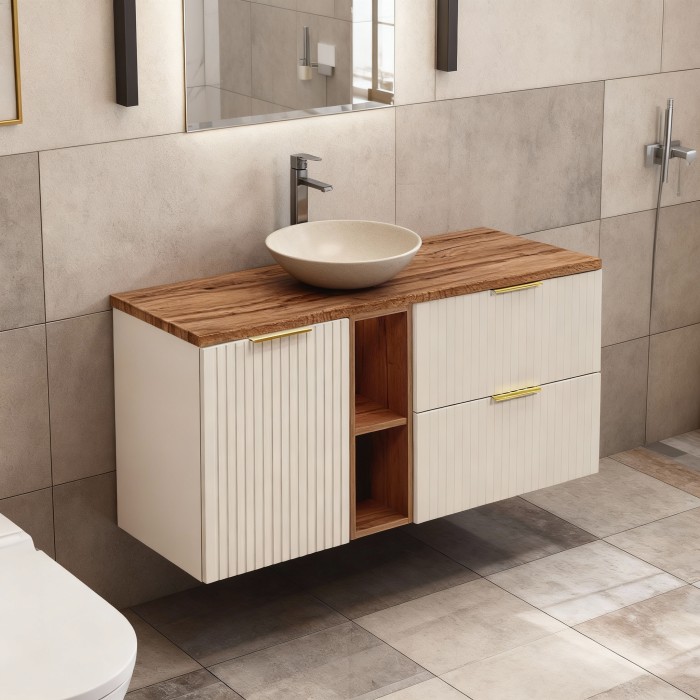 Ensemble de salle de bains NOXERA 120 cm – Marron congo & chêne wotan – plan pour vasque + niches