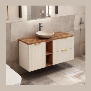 Ensemble de salle de bains NOXERA 120 cm – Marron congo & chêne wotan – Plan vasque + niches + vasque