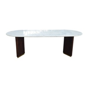 Table de salle à manger MARQUISE – Ovale 240 cm – Plateau en marbre blanc – Pieds bois et métal – Style chic