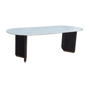 Table de salle à manger MARQUISE – Ovale 240 cm – Plateau en marbre blanc – Pieds bois et métal – Style chic