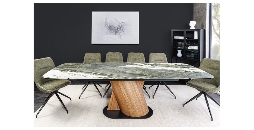 Table de salle à manger VORTEX – Extensible 180 à 260 cm – Plateau céramique aspect marbre gris – Pieds métal – Style moderne