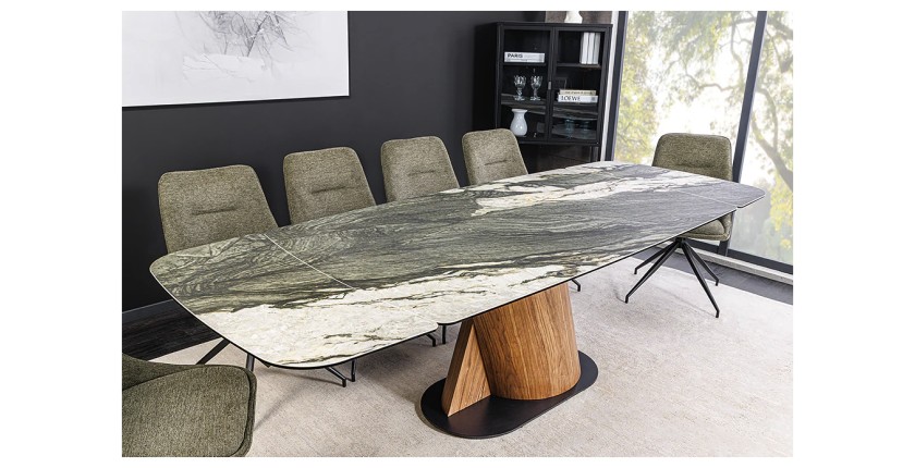 Table de salle à manger VORTEX – Extensible 180 à 260 cm – Plateau céramique aspect marbre gris – Pieds métal – Style moderne