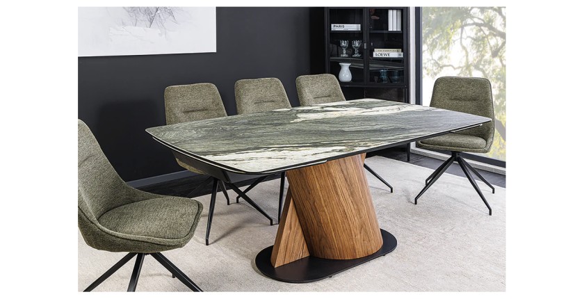 Table de salle à manger VORTEX – Extensible 180 à 260 cm – Plateau céramique aspect marbre gris – Pieds métal – Style moderne
