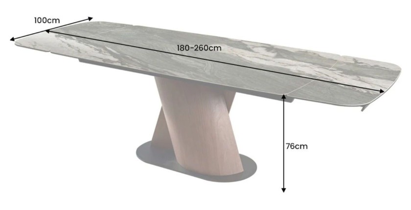 Table de salle à manger VORTEX – Extensible 180 à 260 cm – Plateau céramique aspect marbre gris – Pieds métal – Style moderne