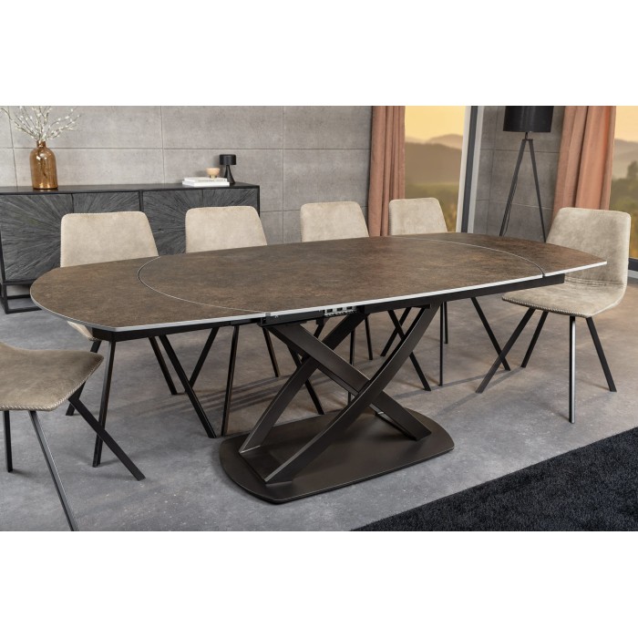 Mesa ATONIA – Ovalada extensible 130 a 190 cm – Tablero cerámico efecto mármol bronce – Patas de metal – Estilo moderno