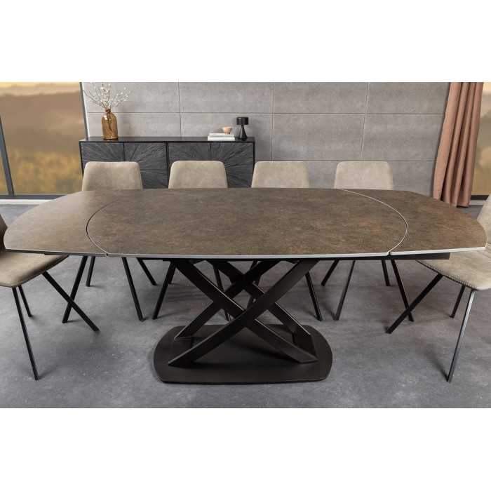 Mesa ATONIA – Ovalada extensible 130 a 190 cm – Tablero cerámico efecto mármol bronce – Patas de metal – Estilo moderno