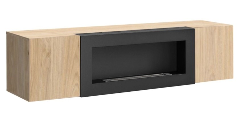 Meuble TV FLY – 2 portes + cheminée bio-éthanol intégrée – Chêne clair