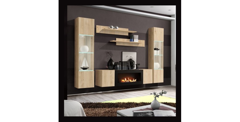 Meuble TV FLY – 2 portes + cheminée bio-éthanol intégrée – Chêne clair