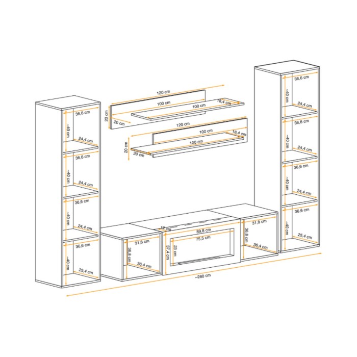 Composizione murale FLY – Rovere chiaro – Mobile TV, vetrine, scaffali – Camino bio-etanolo integrato