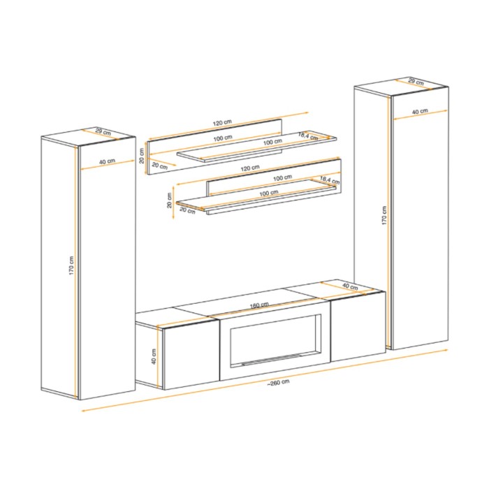 Composizione murale FLY – Rovere chiaro – Mobile TV, vetrine, scaffali – Camino bio-etanolo integrato
