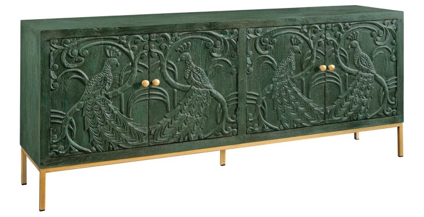 Buffet 175 cm 4 portes bois massif vert et doré – Collection TANJORE