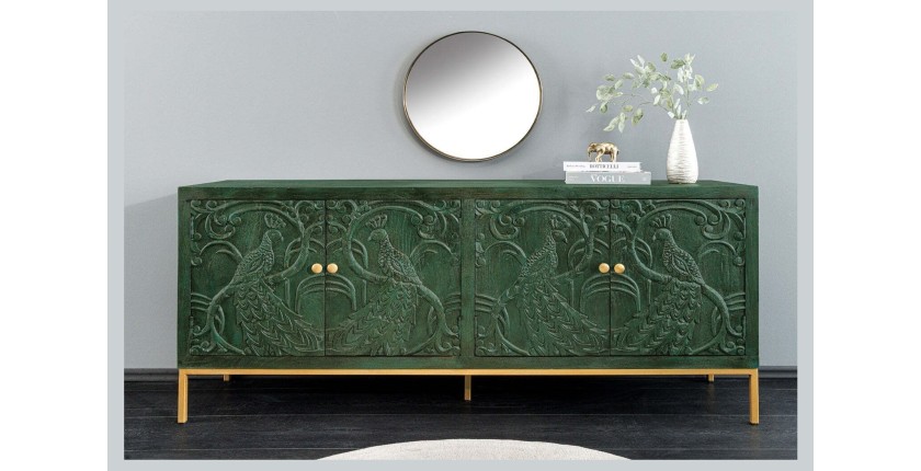 Buffet 175 cm 4 portes bois massif vert et doré – Collection TANJORE