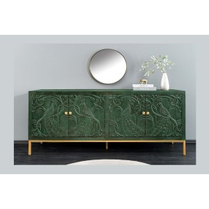 Buffet 175 cm 4 portes bois massif vert et doré – Collection TANJORE