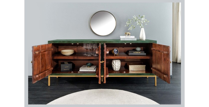 Buffet 175 cm 4 portes bois massif vert et doré – Collection TANJORE