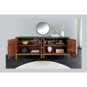 Buffet 175 cm 4 portes bois massif vert et doré – Collection TANJORE