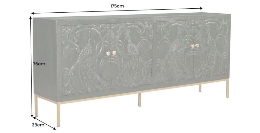 Buffet 175 cm 4 portes bois massif vert et doré – Collection TANJORE