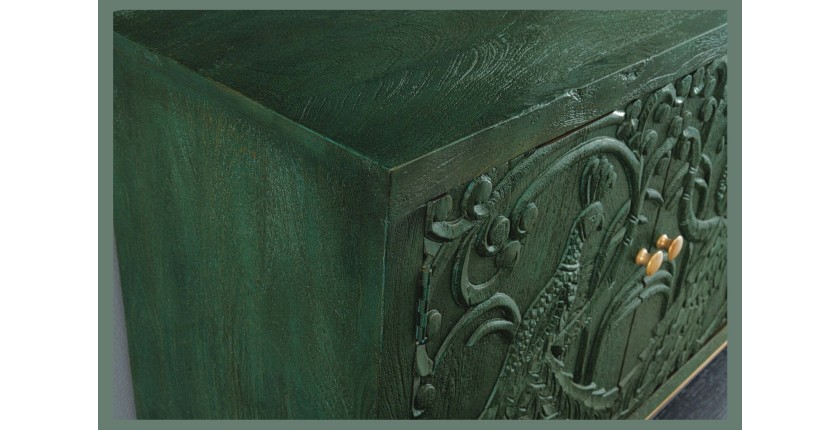Buffet 175 cm 4 portes bois massif vert et doré – Collection TANJORE