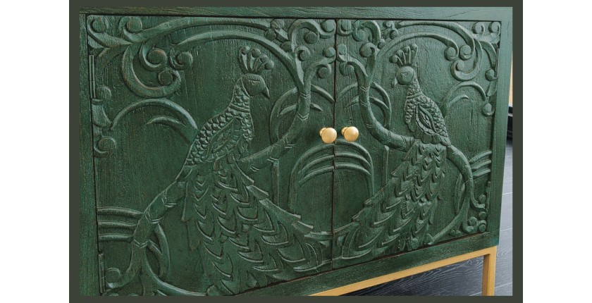 Buffet 175 cm 4 portes bois massif vert et doré – Collection TANJORE