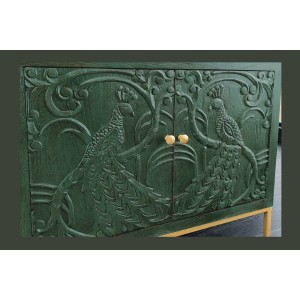 Buffet 175 cm 4 portes bois massif vert et doré – Collection TANJORE