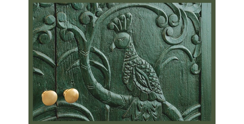 Buffet 175 cm 4 portes bois massif vert et doré – Collection TANJORE