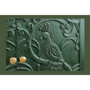 Buffet 175 cm 4 portes bois massif vert et doré – Collection TANJORE