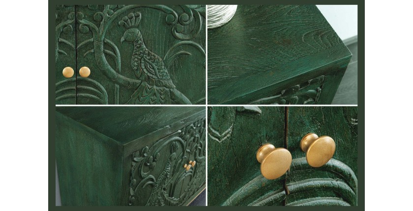 Buffet 175 cm 4 portes bois massif vert et doré – Collection TANJORE