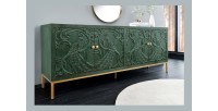 Buffet 175 cm 4 portes bois massif vert et doré – Collection TANJORE