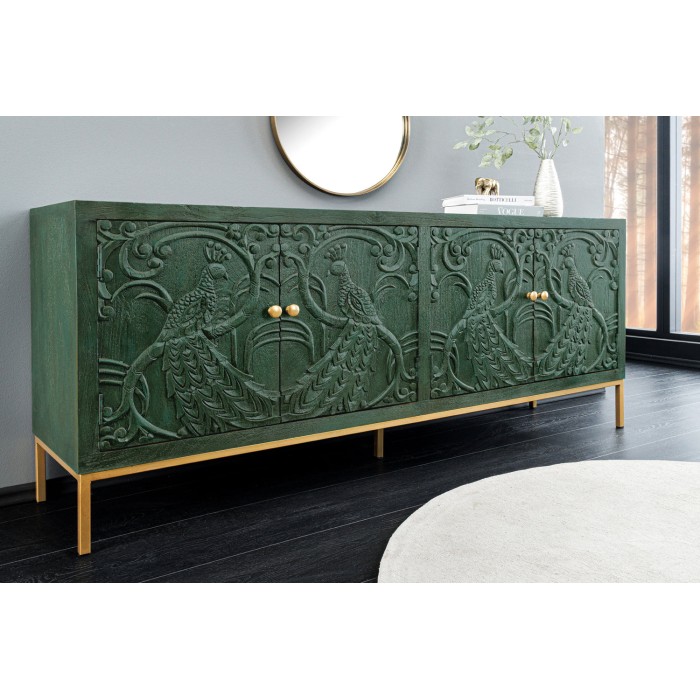 Buffet 175 cm 4 porte legno massiccio verde e dorato – Collezione TANJORE
