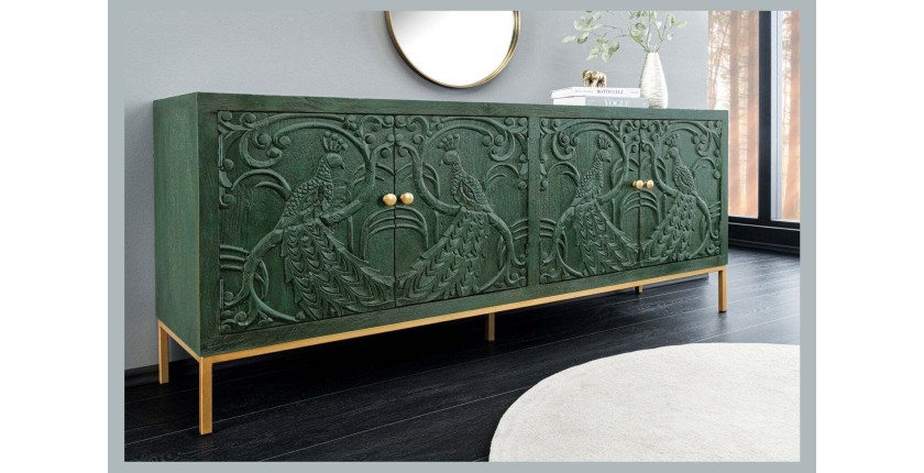 Buffet 175 cm 4 portes bois massif vert et doré – Collection TANJORE