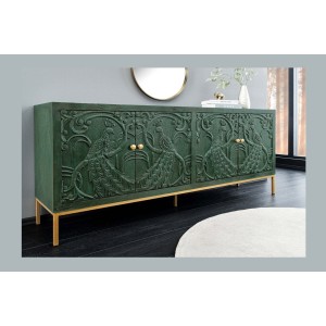 Buffet 175 cm 4 portes bois massif vert et doré – Collection TANJORE