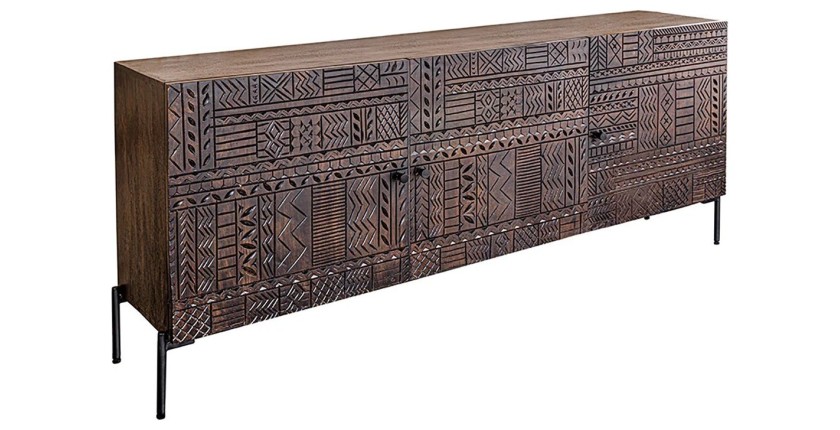 Buffet 177 cm 3 portes bois massif marron sculpté – Collection MASSAI
