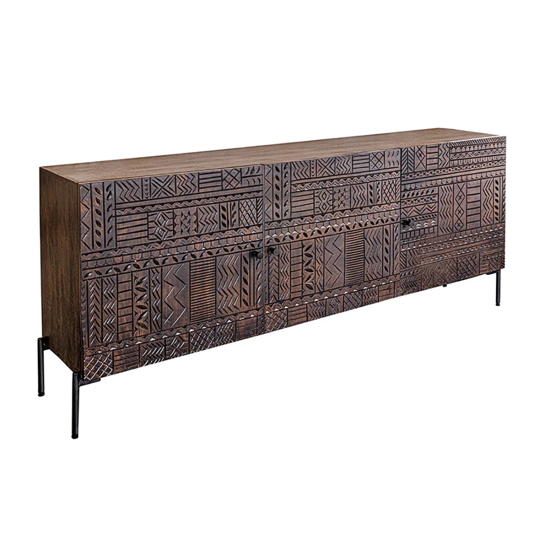 Buffet 177 cm 3 portes bois massif marron sculpté – Collection MASSAI