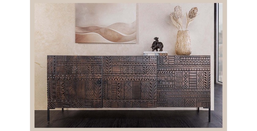 Buffet 177 cm 3 portes bois massif marron sculpté – Collection MASSAI