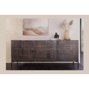 Buffet 177 cm 3 portes bois massif marron sculpté – Collection MASSAI