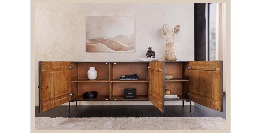 Buffet 177 cm 3 portes bois massif marron sculpté – Collection MASSAI