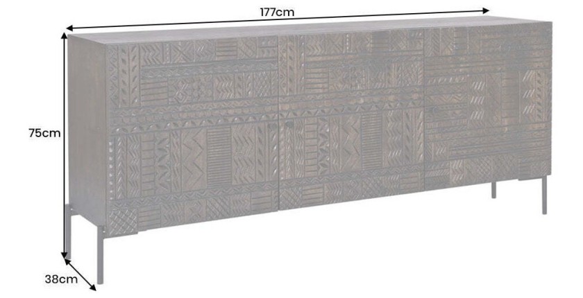Buffet 177 cm 3 portes bois massif marron sculpté – Collection MASSAI