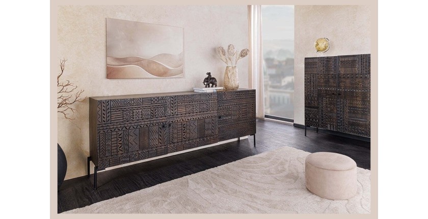 Buffet 177 cm 3 portes bois massif marron sculpté – Collection MASSAI