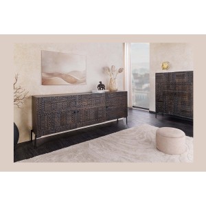 Buffet 177 cm 3 portes bois massif marron sculpté – Collection MASSAI