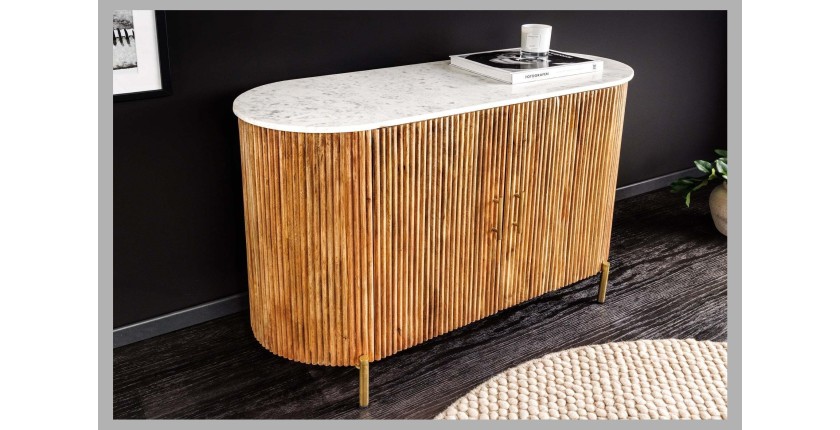 Buffet 105 cm 2 portes bois massif, marbre blanc et doré – Collection YONA