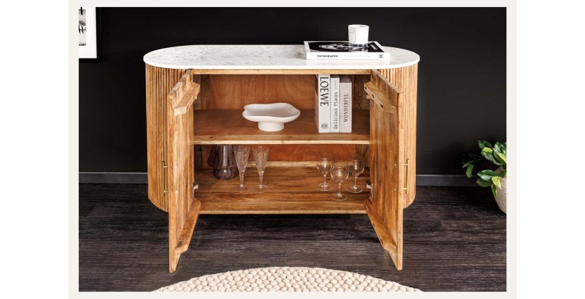 Buffet 105 cm 2 portes bois massif, marbre blanc et doré – Collection TRESCA