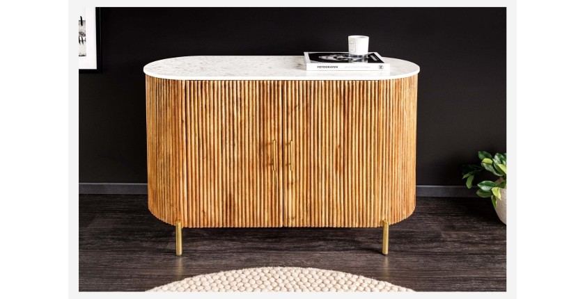 Buffet 105 cm 2 portes bois massif, marbre blanc et doré – Collection YONA
