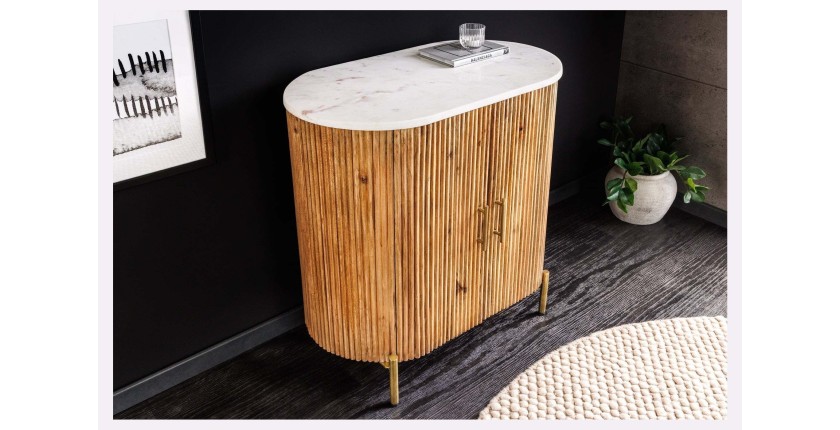 Buffet 70 cm 2 portes bois massif, marbre blanc et doré – Collection TRESCA
